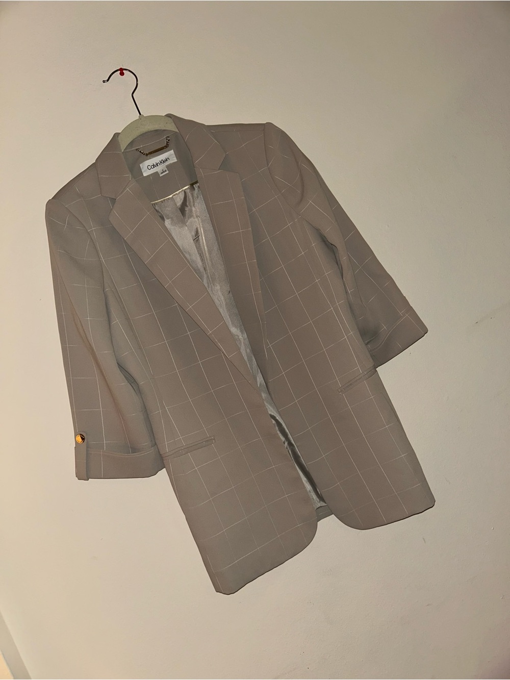 Calvin Klein Taupe Windowpane Blazer with White Grid